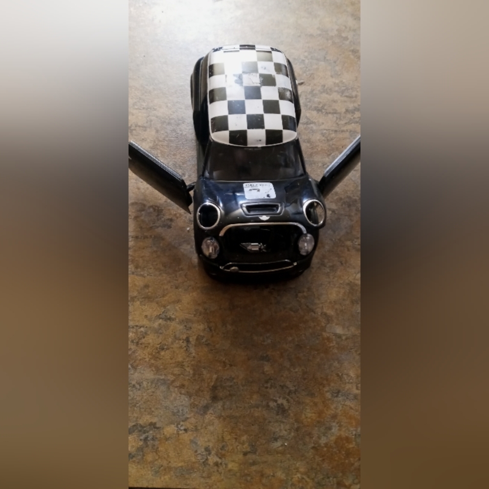Black Mini Cooper Style Car Model with Checkered Roof - Automotive Decor 1/24 - Picture 9 of 10
